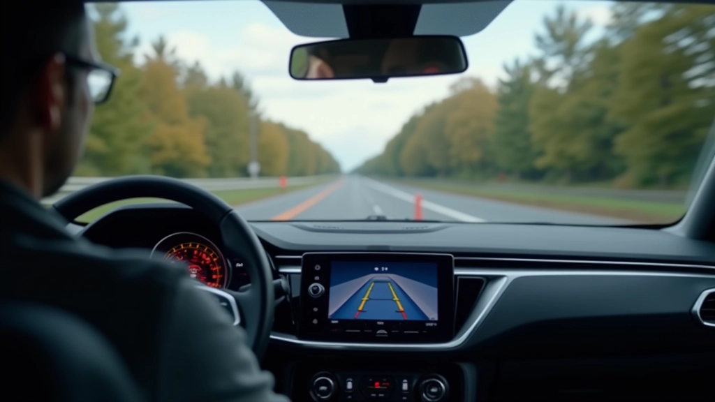 Priekinės kameros ir saugos sistemos ekranas su automobilio atstatymu ir saugos atstumo indikatoriumi