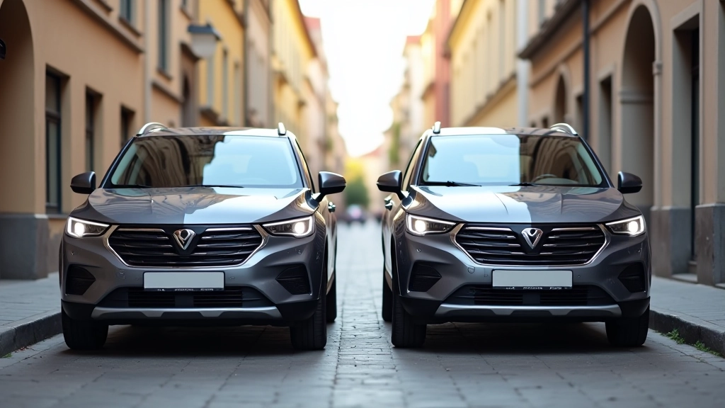 Comparison of two compact crossovers side by side showing different widths and lengths, parking space context